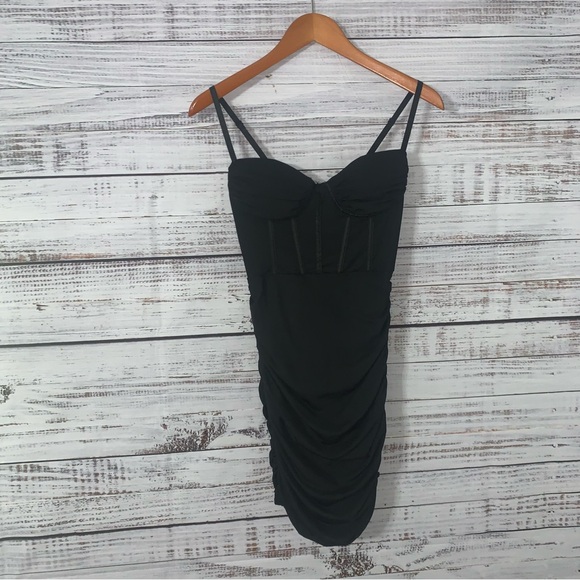 NWOT (S) Black Dress Push Up Bustier Boned Corset Sheer Tank Mini Bodycon Dress - Picture 4 of 5